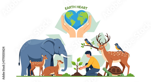 Vibrant illustration of global environmental conservation featuring hands cradling Earth, a person planting a tree, and diverse wildlife including elephants, deer, and turtles.