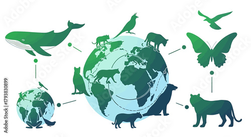 Illustration of diverse animal species interconnected with the Earth, symbolizing global biodiversity and ecological balance.