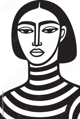 Abstract Striped Neck Woman – Bold Black & White Line Art Portrait