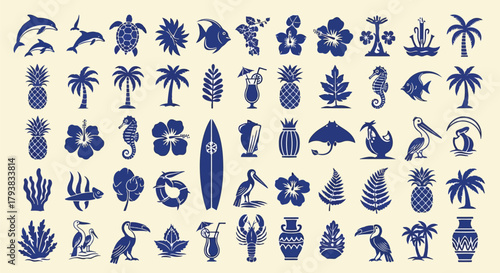 Vibrant collection of tropical and nautical icons including palm trees, fish, and flowers