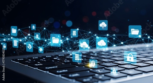 Digital Network of Cloud Services and Data Flow Over Laptop Keyboard.