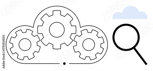 Three interlocking gears inside a cloud with a magnifying glass representing efficiency, optimization, and problem-solving. Ideal for technology, analytics, innovation, data storage, research