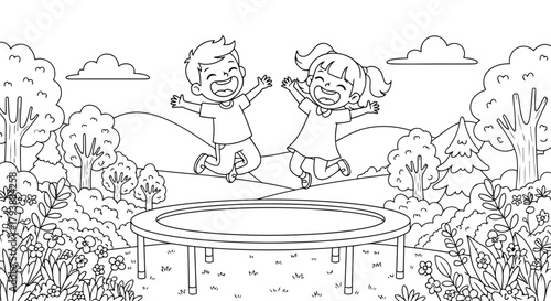 Two happy children jumping together on a trampoline in a backyard with trees and bushes