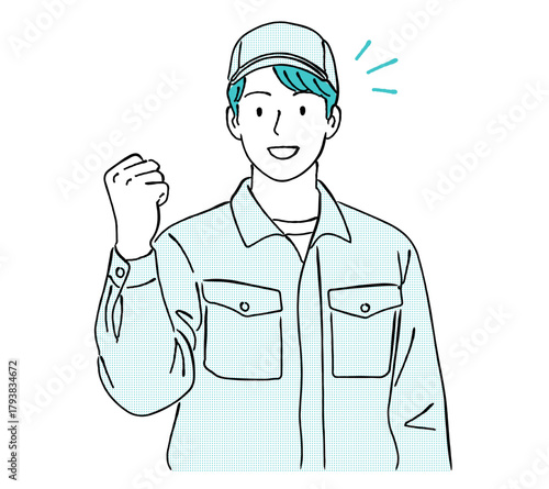 ガッツポーズをする作業服の男性,成功,達成,喜び,サービス,やる気,シンプル,ベクター