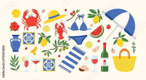 Colorful summer vacation icons with beach, fruits, and travel accessories in flat design style