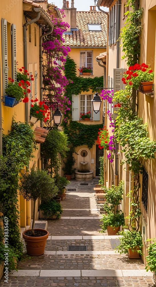 Naklejka premium Charming Alleyway in France - A Floral Paradise.