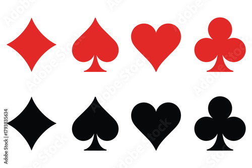 playing card suits including hearts, clubs, spades, and diamonds. Perfect for casino graphics, game design, cards, apps, and flat icon sets