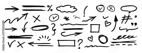Hand-drawn Whiteboard Marker Doodle Set. A vector collection of grunge brush stroke elements, including arrows, underlines, and check marks for presentations and brainstorming. Vector illustration.