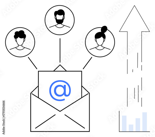 Open envelope with at symbol connecting three user profiles via lines, upward arrow symbolizing growth. Ideal for teamwork, communication, networking, marketing, collaboration, strategy, simple flat