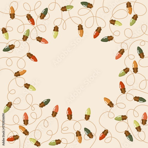 Bożonarodzeniowa ramka z kolorowych światełek. Lampki choinkowe. Świąteczna ilustracja wektorowa.