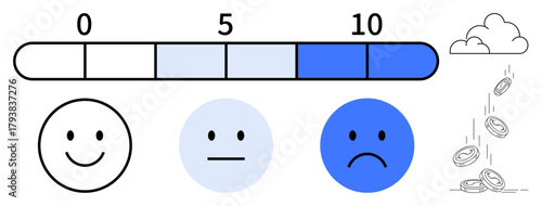 Horizontal scale from 0 to 10 with happy, neutral, sad faces, cloud raining coins. Ideal for mood tracking, financial risk, decision-making, mental health, economics satisfaction simple flat