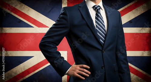Wallpaper Mural Professional man in a suit stands confidently against a textured british flag backdrop symbolizing uk business and finance with a patriotic and sophisticated style perfect for corporate branding Torontodigital.ca