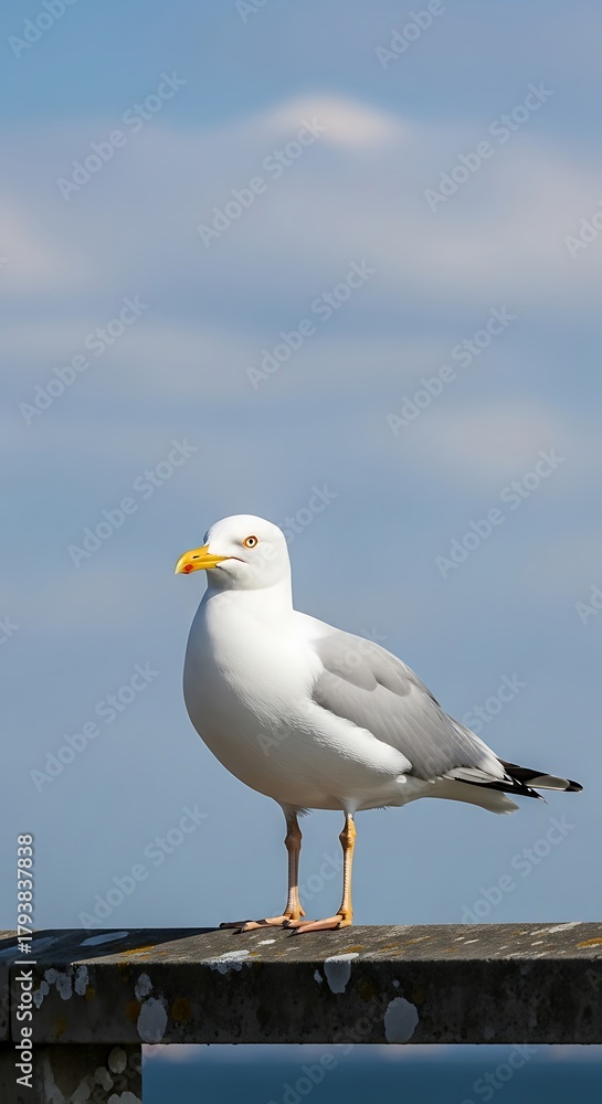 Fototapeta premium Seagull Perched on Wood Against a Blue Sky.