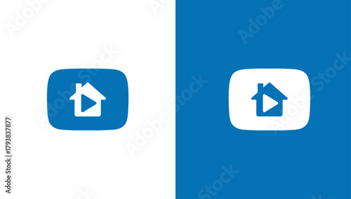 Modern minimalist logo combining a house silhouette with a play button symbol, representing home media, real-estate video content, property tours, streaming services, and digital home entertainment.