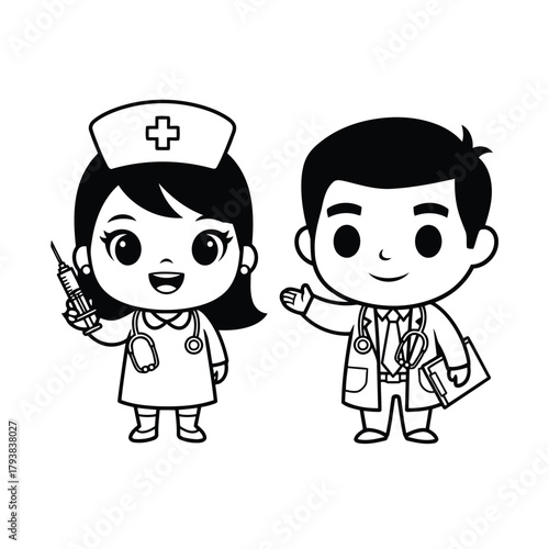 Cute cartoon nurse and doctor characters in medical uniforms smiling and holding medical tools