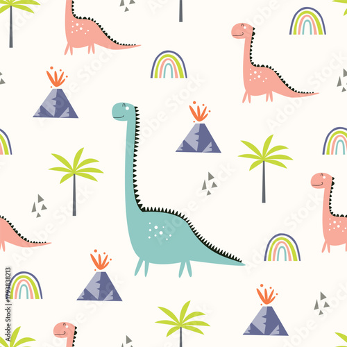 Adorable pastel dinosaur print. Repeating pattern with dino characters, palms, rainbows, and volcanoes. Great for kid's wallpaper and fabric design.