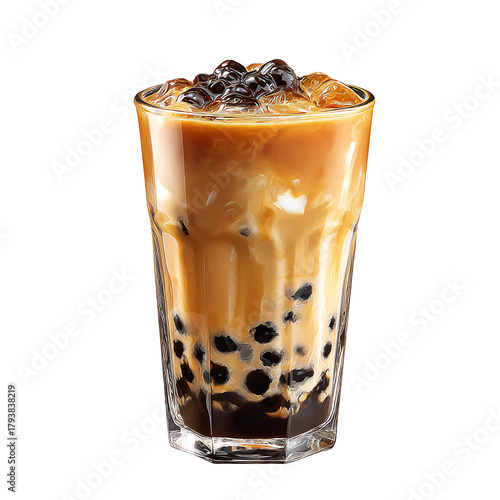 Brown Sugar Boba Milk Tea with Tapioca Pearls Isolated on Transparent Background