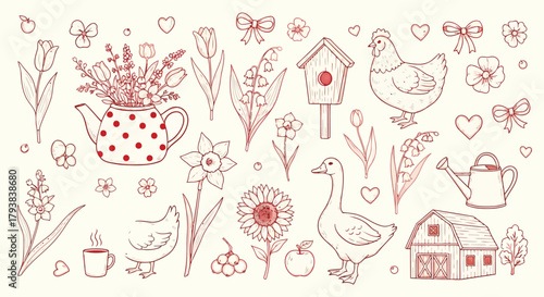Handdrawn farmhouse and nature elements including flowers, birds, and teapots