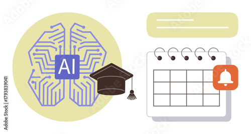 AI brain icon paired with a graduation cap and a calendar with a notification bell. Ideal for education, scheduling, planning, technology, academic success, digital tools, innovation. A simple flat