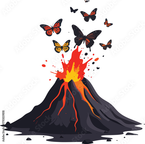 Volcano Erupting Colorful Butterflies Instead of Lava, Symbolizing Surreal Environmental Hope, Renewal, and Transformation