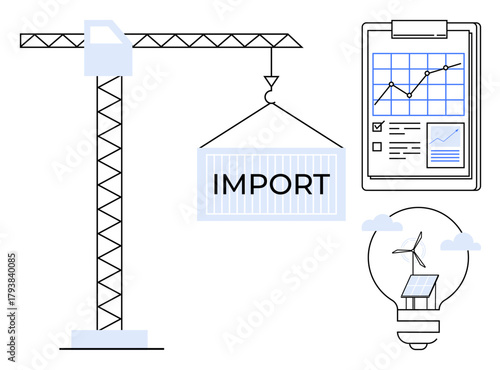 Construction crane lifting import container, clipboard with analytics, light bulb featuring solar and wind energy. Ideal for logistics, trade, sustainability, renewable energy, business growth