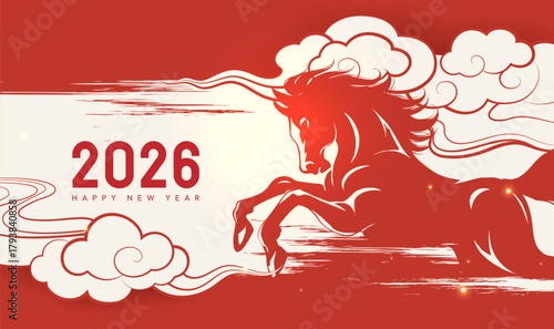 Horizontal illustration of the Chinese New Year of the Horse