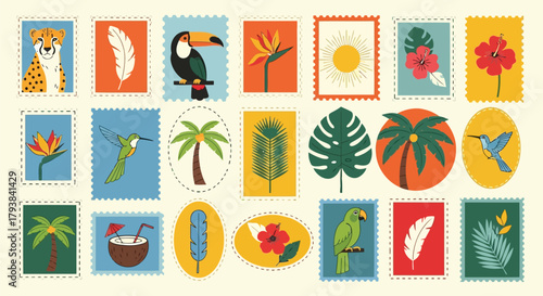Vibrant collection of tropical and botanical postage stamps with birds, flowers, and palm trees