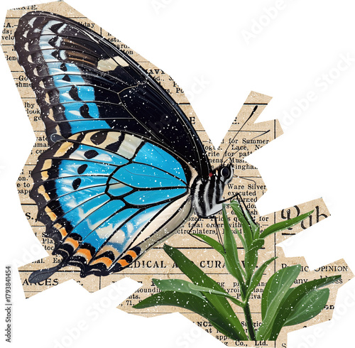 butterfly with a flower on newspaper collage