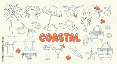 Colorful coastalthemed illustrations with beach, seafood, and summer elements
