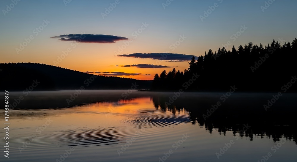 Naklejka premium Serene Lake Reflection at Sunset - A Tranquil Landscape.