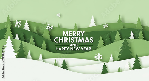 Merry christmas and happy new year paper art landscape