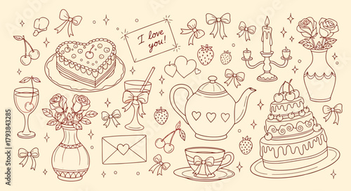 Handdrawn valentines day elements with hearts, cakes, and tea set in pastel style