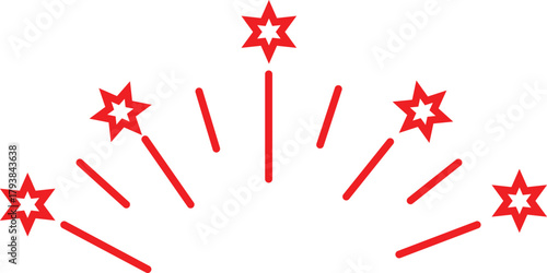 Bright red star shaped sparklers bursting and fanning out in a festive celebration pattern