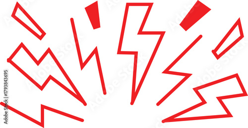 Dynamic red lightning bolt symbols and jagged lines bursting outward on white background.