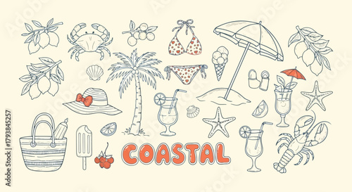 Colorful coastalthemed icons with summer elements including beach, seafood, and tropical items