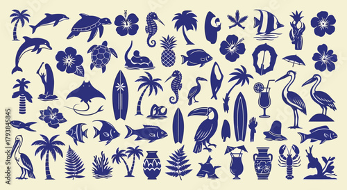 Vibrant collection of tropical and nautical icons including palm trees, fish, surfboards, and flowers