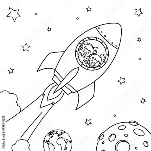 Two children joyfully flying in a cartoon rocket through space with planets and stars