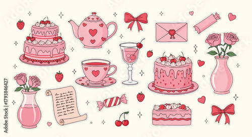Cute pinkthemed collection of desserts, tea, gifts, and decorations with hearts and floral elements