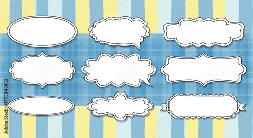 Collection of nine decorative label frames with blue and yellow striped background for design projects