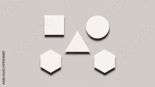 A geometric arrangement of white shapes, including a square, circle, triangle, and hexagons, , creating a balanced composition