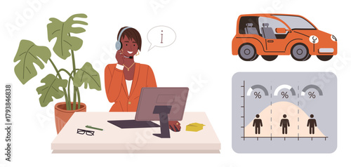 Woman at desk with headset, car graphic, statistics chart, houseplant, and computer setup. Ideal for customer support, car rental, data analysis, help desk communication statistics