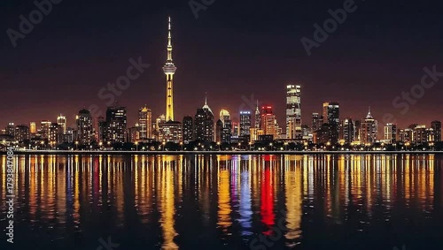 Modern city skyline at night with illuminated skyscrapers and a central tower reflecting in the water.