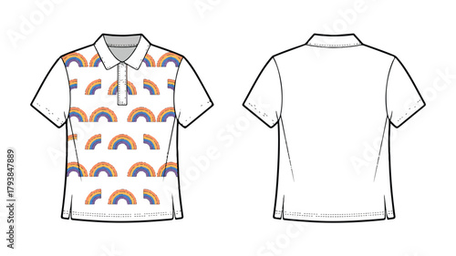 White polo shirt featuring a pattern of colorful rainbows, perfect for casual wear and adding a touch of fun to any outfit