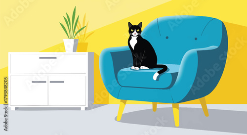Black and white cat sitting on a blue armchair indoors illustration