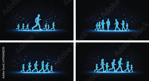 Blue Silhouettes of People Running and Walking on Dark Background Sceneries