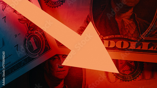 US Dollar Decline and Economic Crisis Concept. Red Down Arrow on American Money Background. 3d rendering