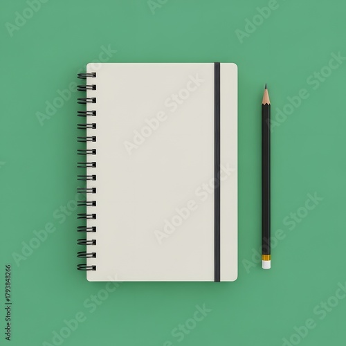 A minimalist flat lay of a blank spiral notebook with a black pencil on a solid green background for creative or note-taking purposes