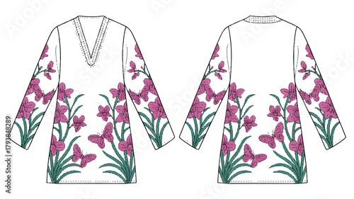 White tunic dress with butterfly and floral design, perfect for spring and summer, adding a touch of elegance to any occasion