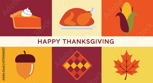 Colorful Thanksgiving Day illustration with turkey pie corn and fall elements
