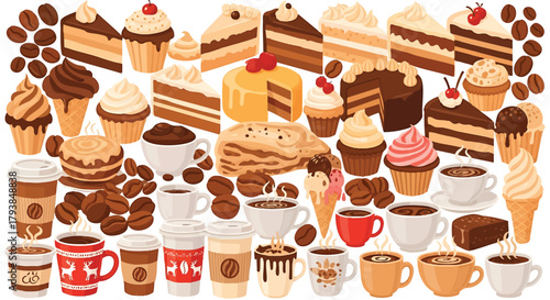 Delicious assortment of coffee drinks cakes pastries and desserts illustration